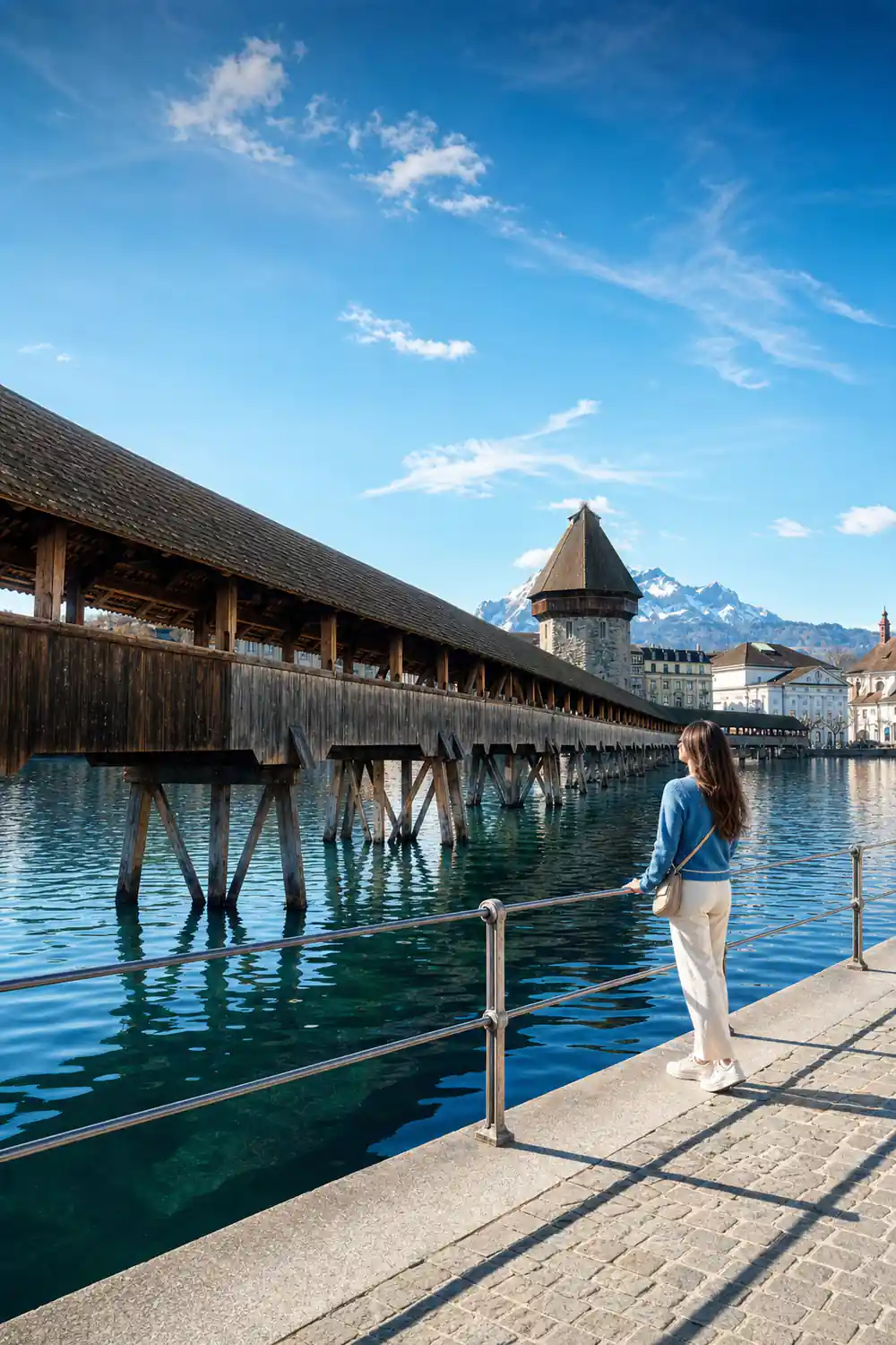 The Chapel Bridge and water tower on the river in Lucerne