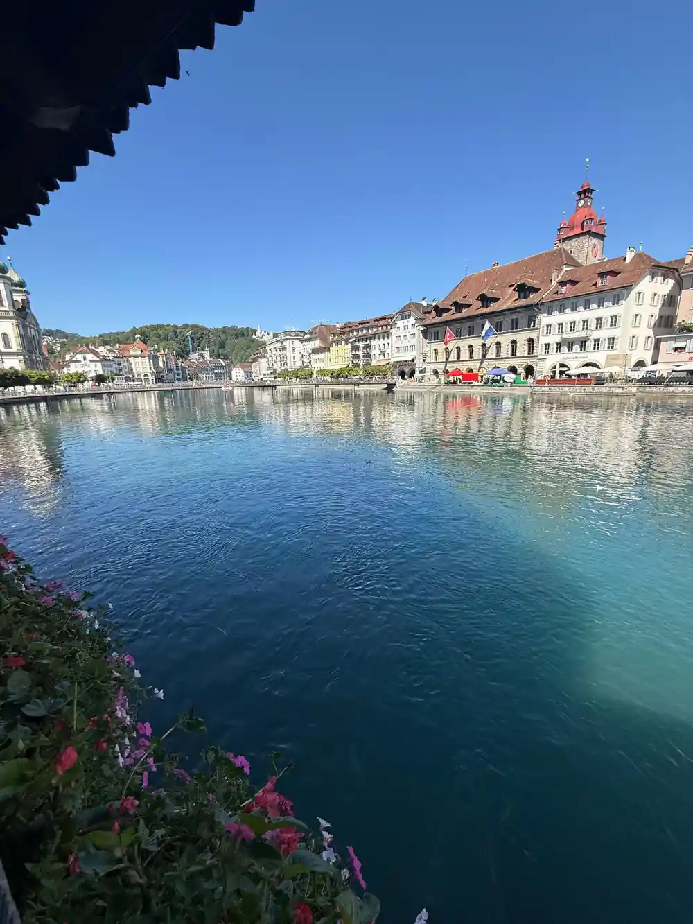 Flowers on a Lucerne bridge rail with the old town beyond