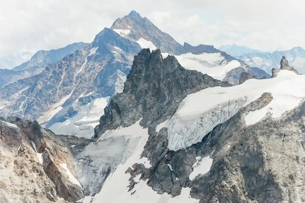 The rock and ice of the Titlis massif under a bright sky